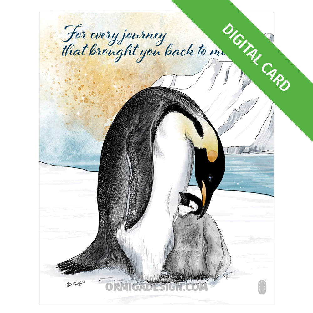 Emperor Penguin Mother's Day Card | Hand-Illustrated Digital Card | Print-Ready PDF or JPG