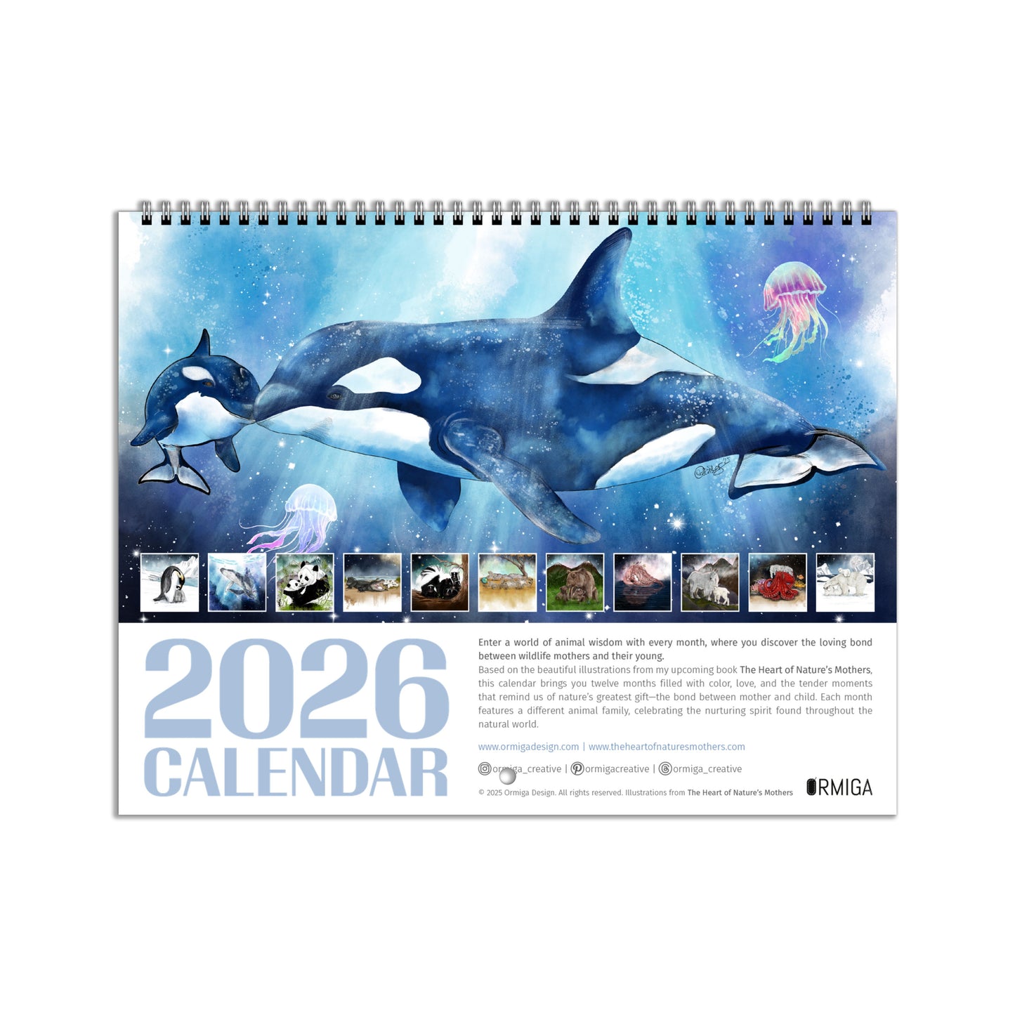 2026 Wildlife Calendar—Mother and Baby Animals Wall Calendar | Nature Art Illustrations