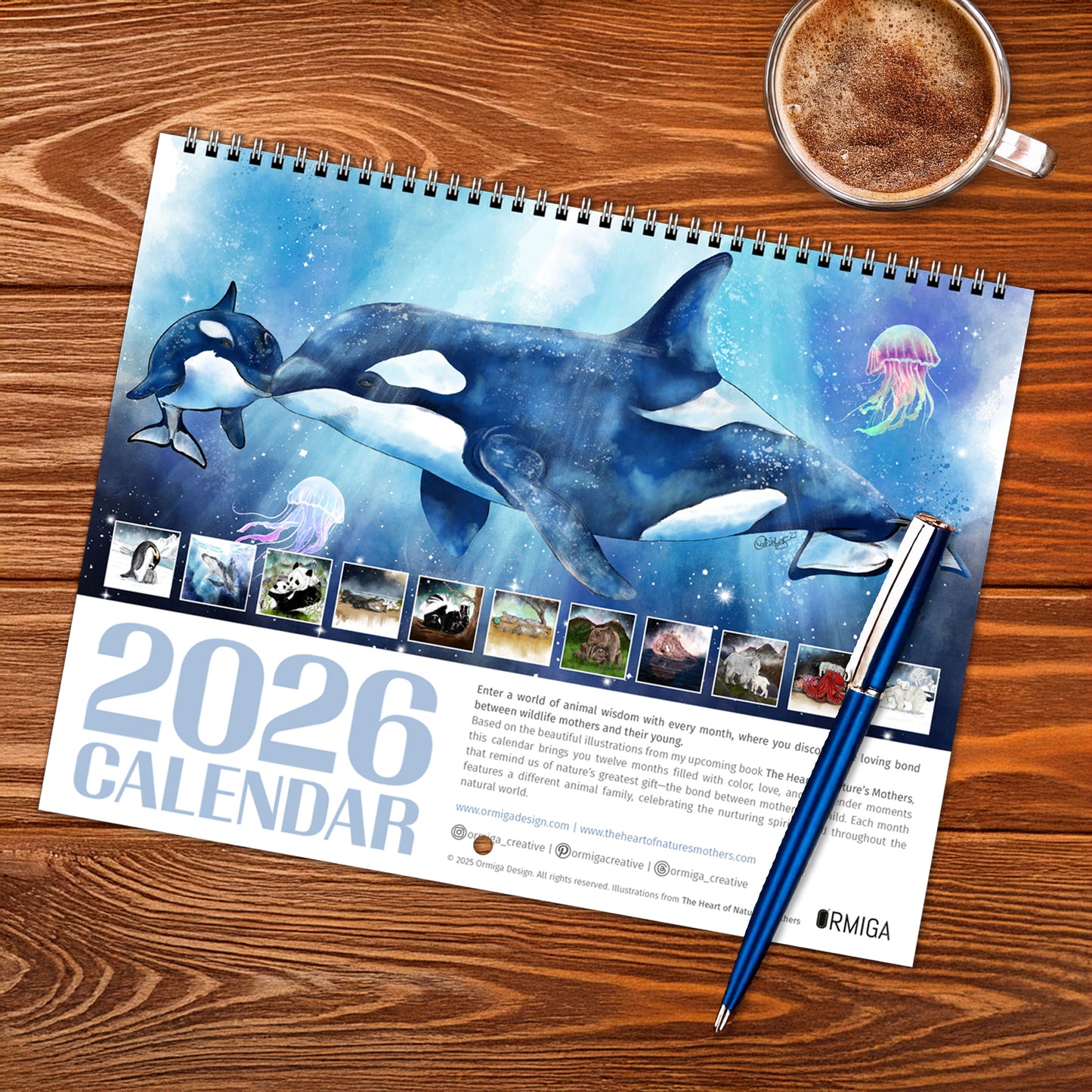 2026 Wildlife Calendar—Mother and Baby Animals Wall Calendar | Nature Art Illustrations