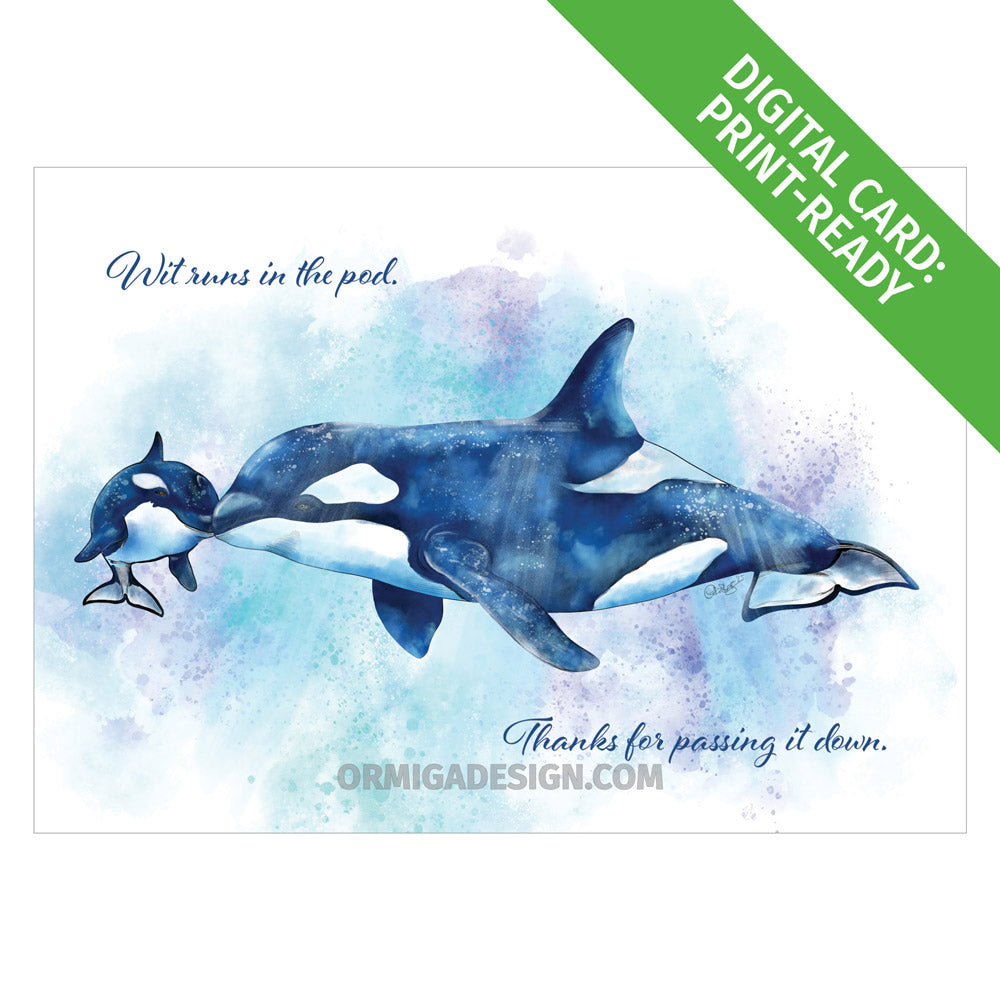 Orca Mother's Day Card | Hand-Illustrated Digital Card | Print-Ready PDF or JPG