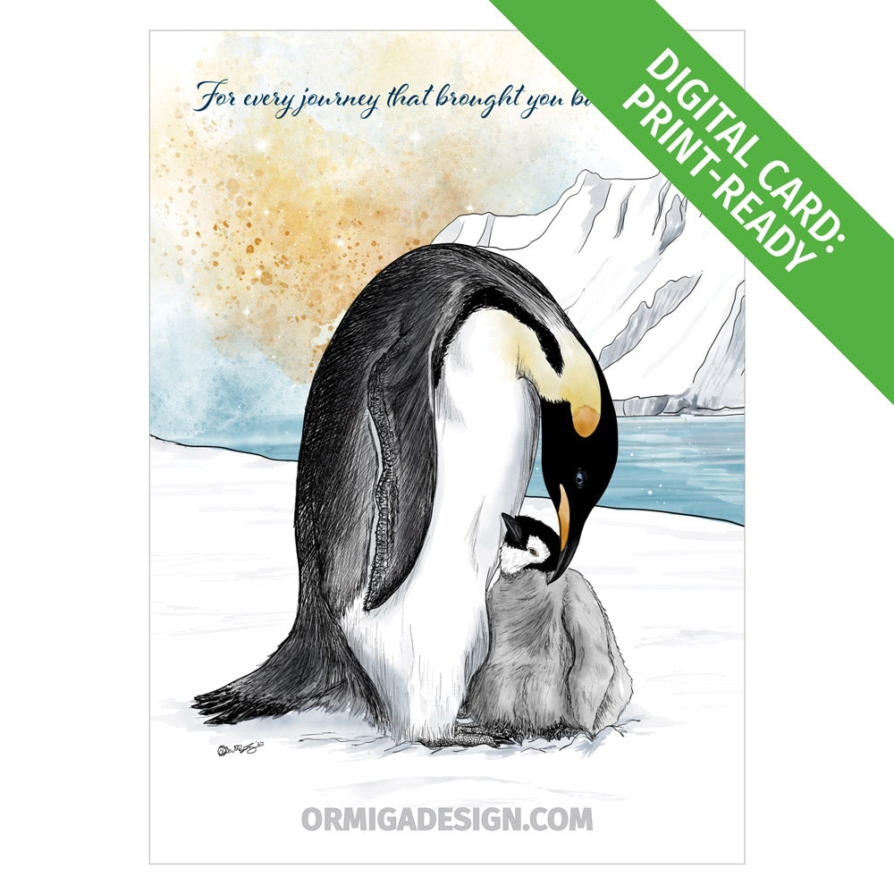 Emperor Penguin Mother's Day Card | Hand-Illustrated Digital Card | Print-Ready PDF or JPG