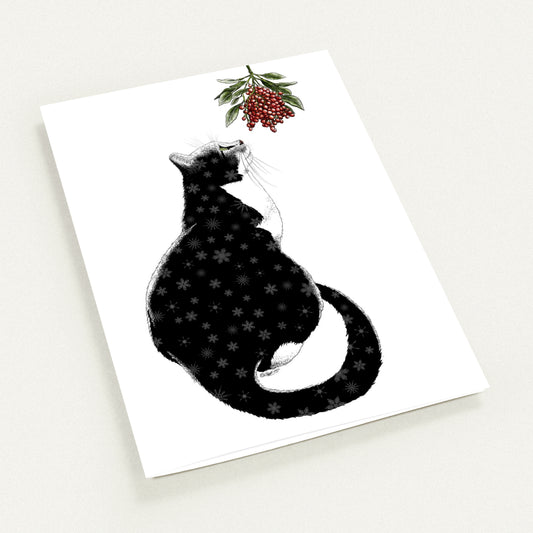 Cat Christmas Card - Whimsical Mistletoe Illustration | Pack of 10 Greeting Cards