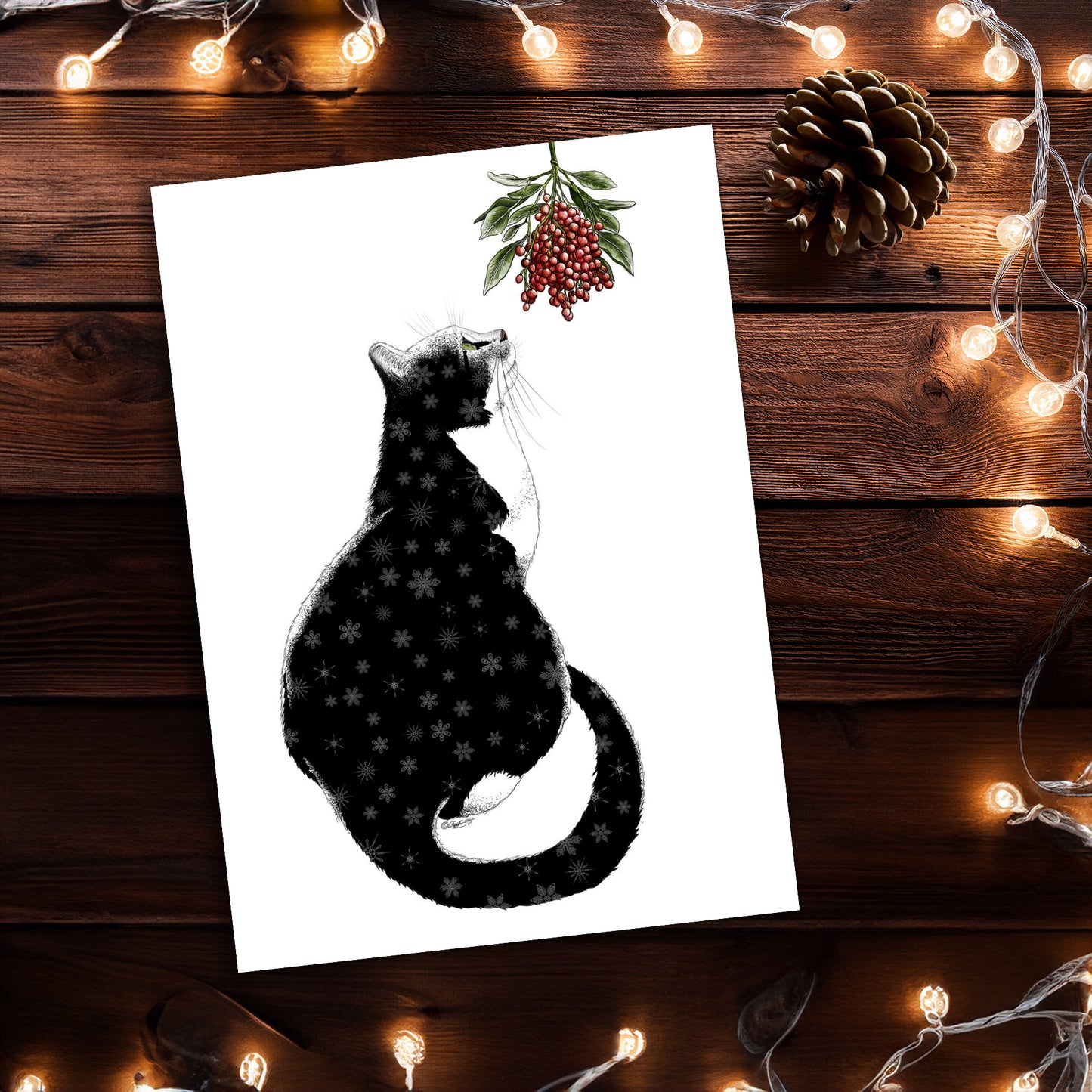 Cat Christmas Card - Whimsical Mistletoe Illustration | Pack of 10 Greeting Cards