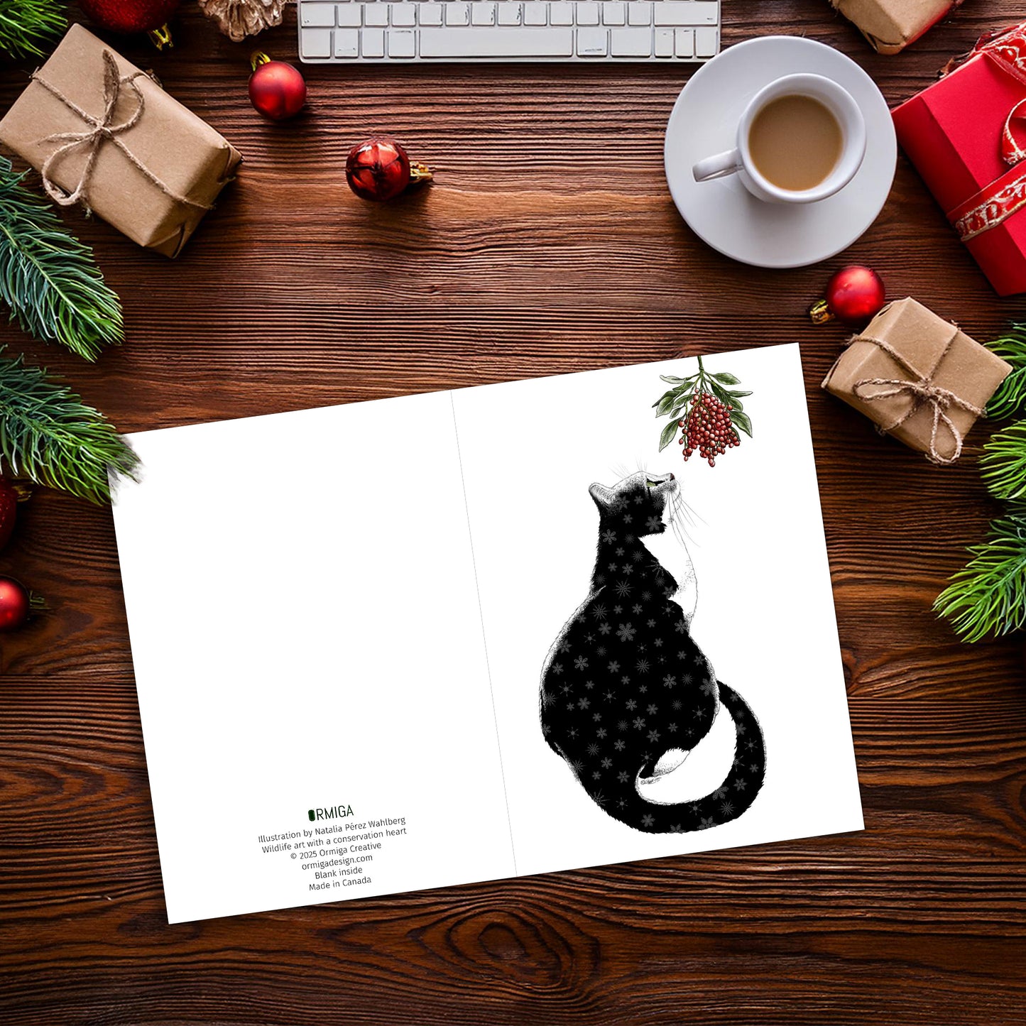 Cat Christmas Card - Whimsical Mistletoe Illustration | Pack of 10 Greeting Cards