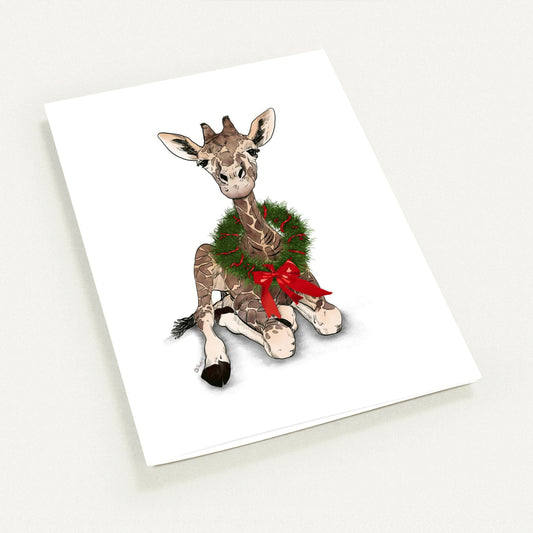 Baby Giraffe Christmas Card - Adorable Wildlife Illustration with Wreath | Pack of 10 Matte Greeting Cards