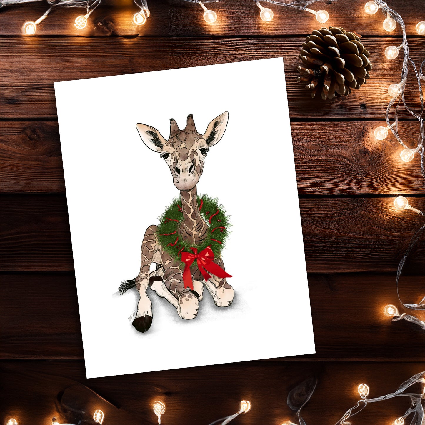 Baby Giraffe Christmas Card - Adorable Wildlife Illustration with Wreath | Pack of 10 Matte Greeting Cards