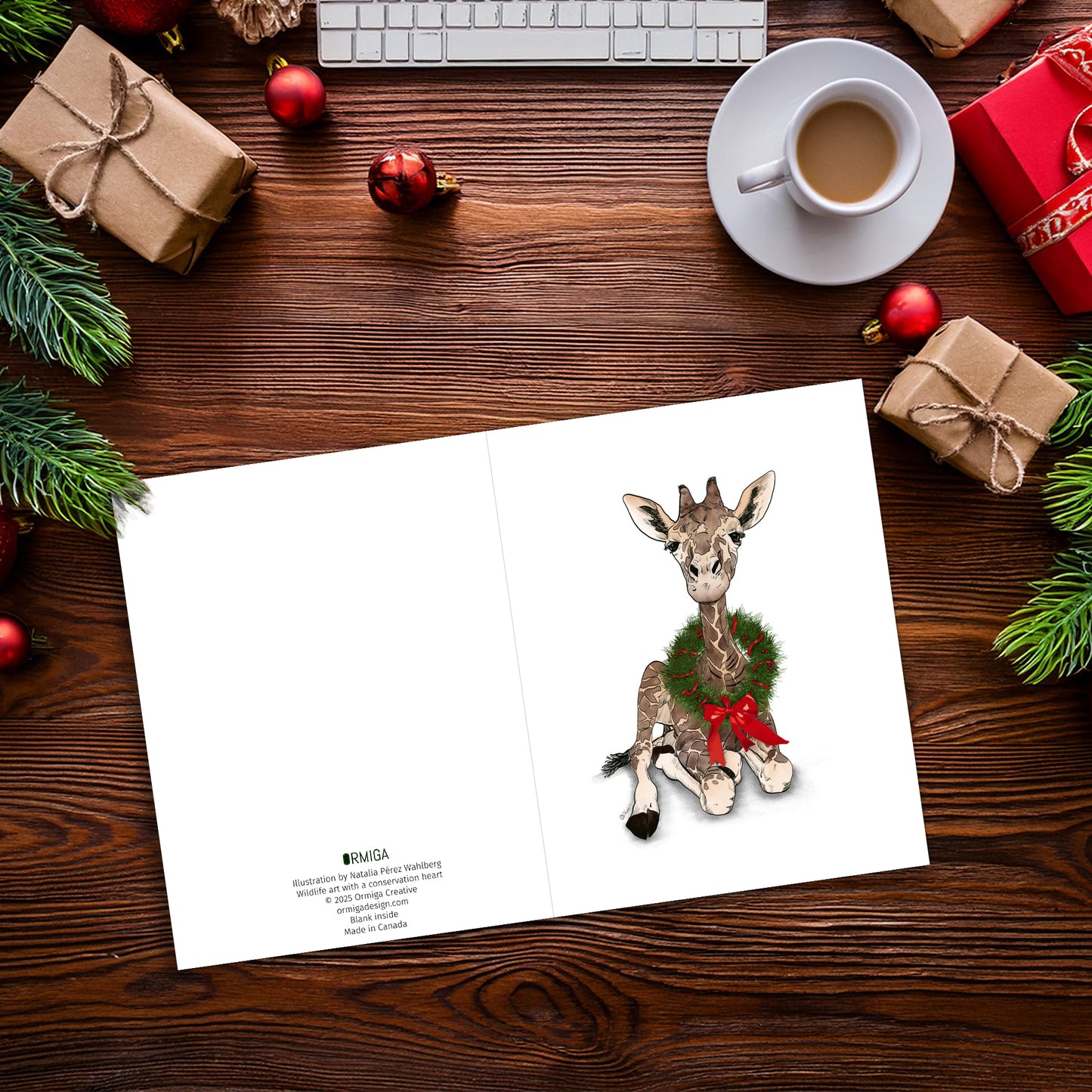 Baby Giraffe Christmas Card - Adorable Wildlife Illustration with Wreath | Pack of 10 Matte Greeting Cards
