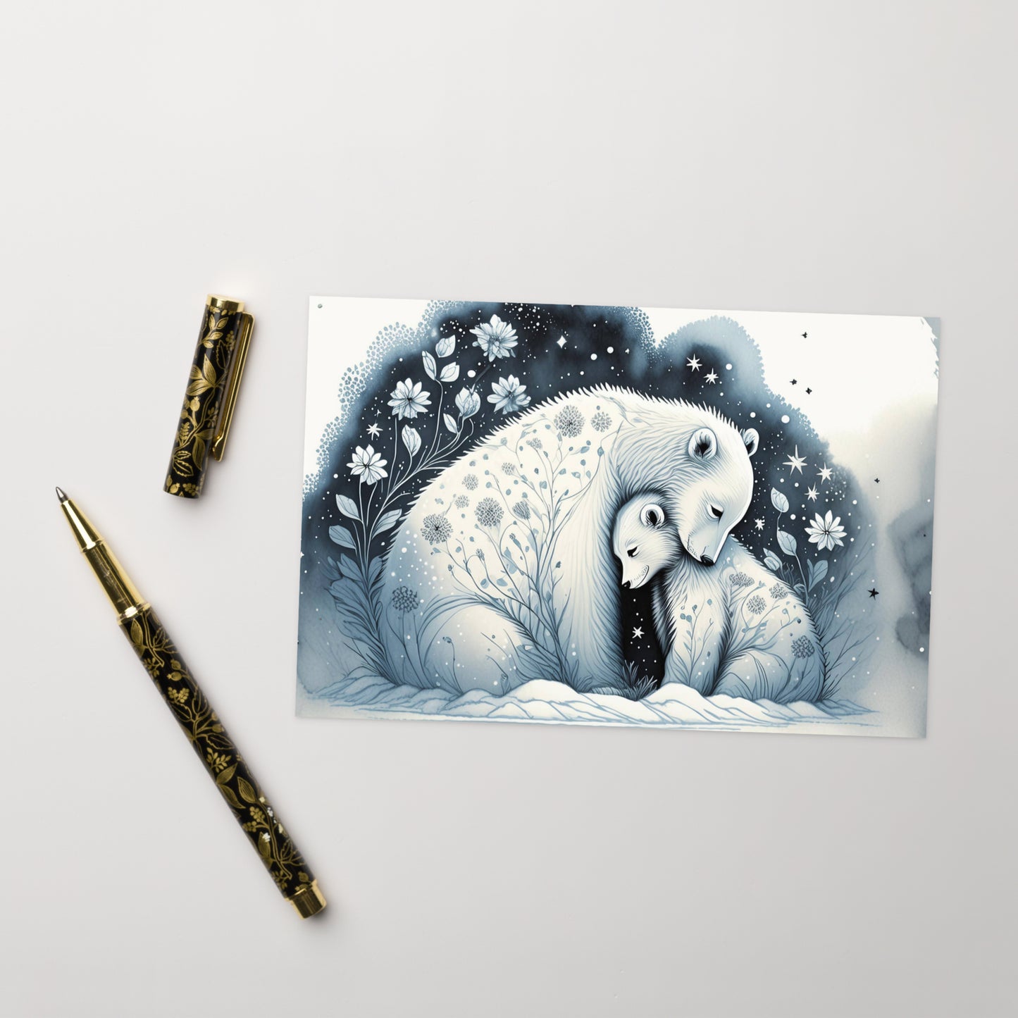 Arctic Embrace: Polar Bear Mother & Cub Christmas Card — Blank inside