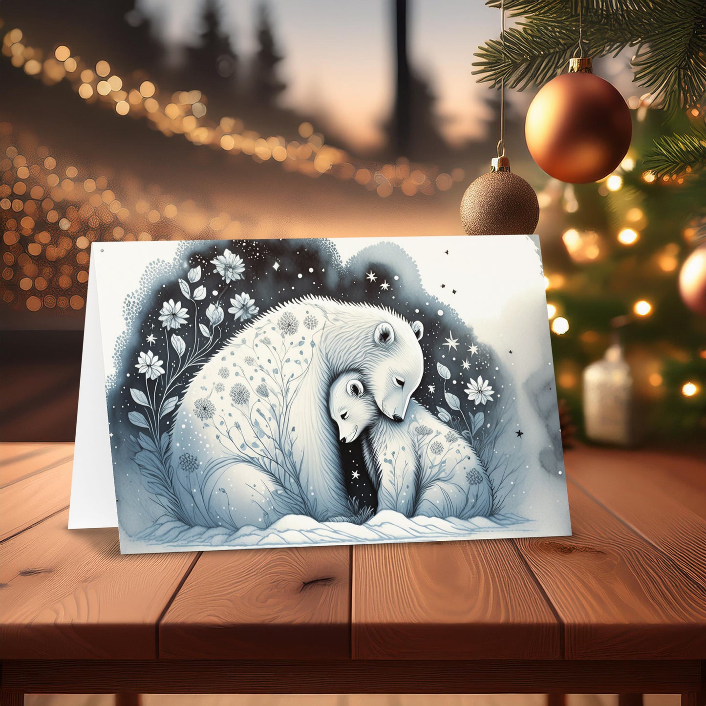 Arctic Embrace: Polar Bear Mother & Cub Christmas Card — Blank inside