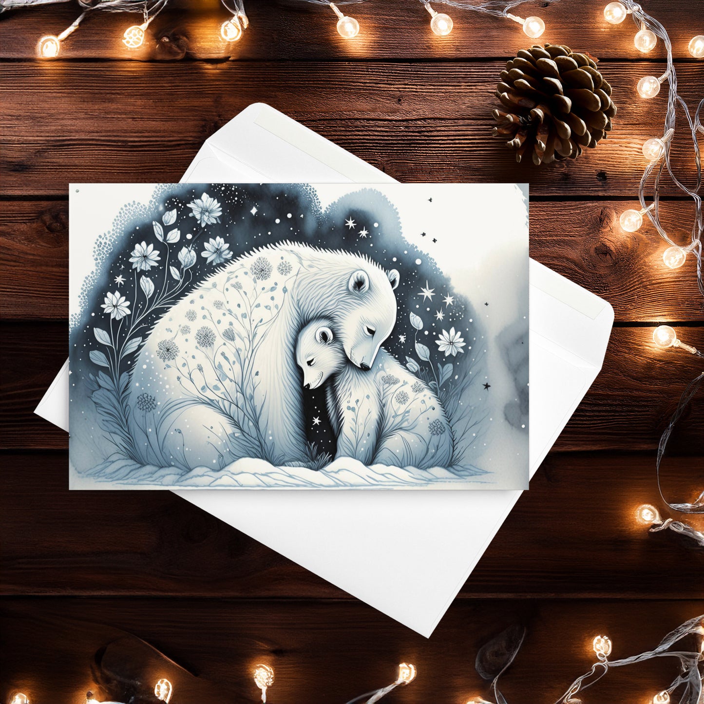 Arctic Embrace: Polar Bear Mother & Cub Christmas Card — Blank inside