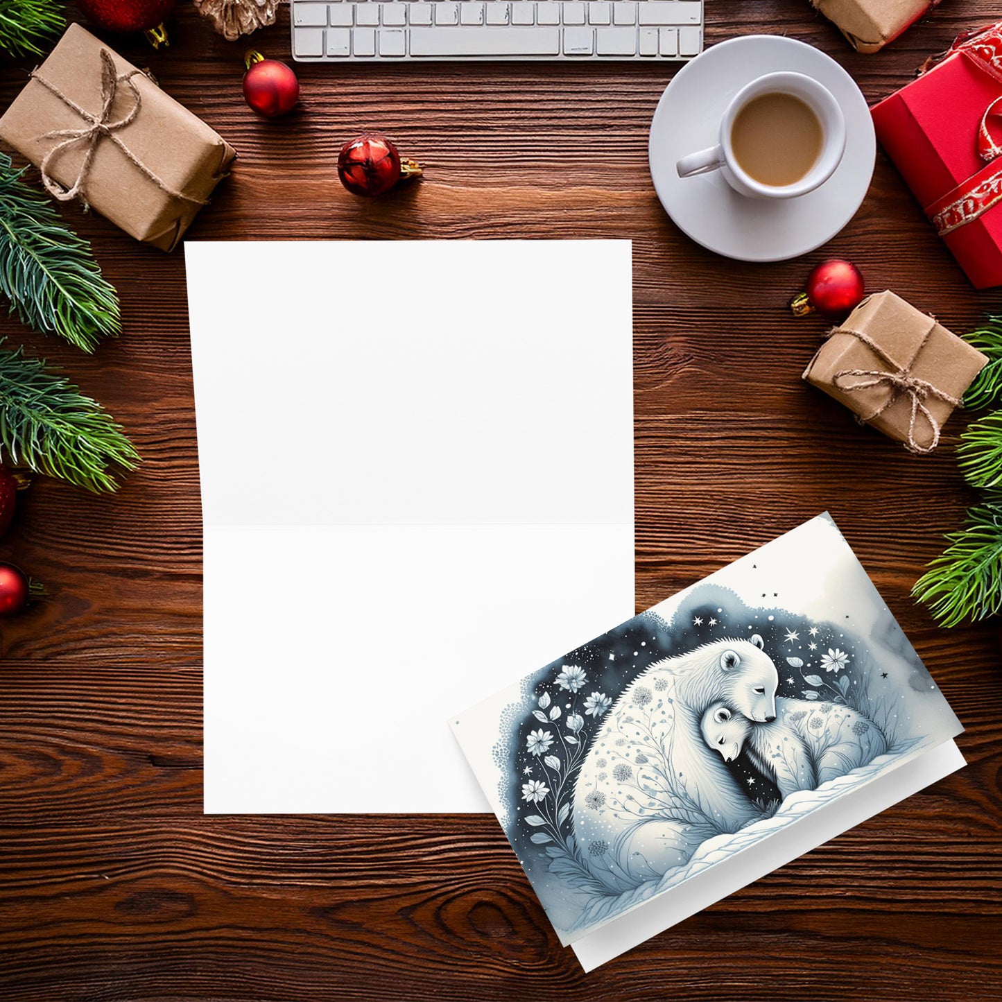 Arctic Embrace: Polar Bear Mother & Cub Christmas Card — Blank inside