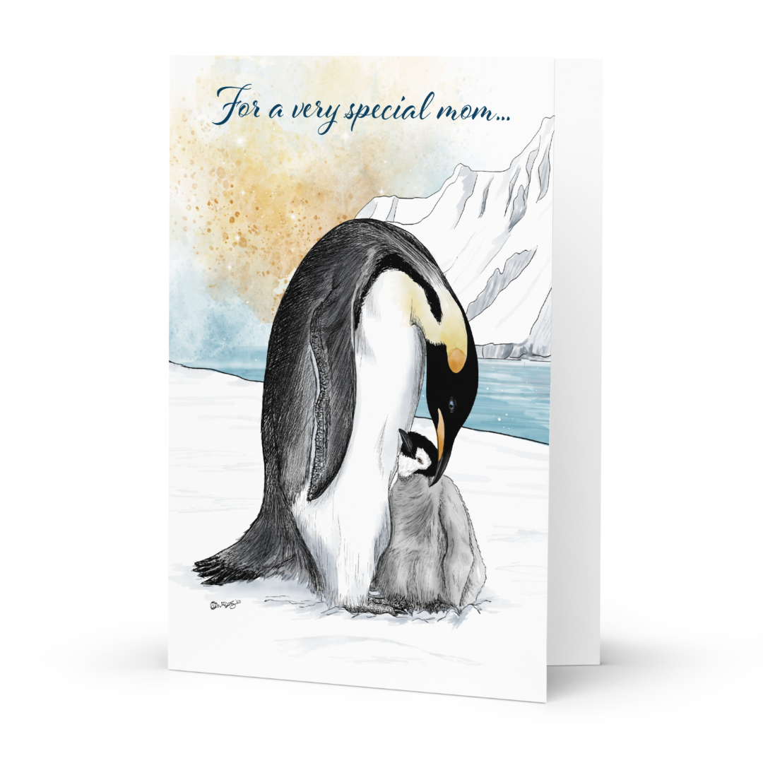 Emperor Penguin Mother's Day Card | Hand-Illustrated Wildlife Art | Tender Animal Mom Greeting Card