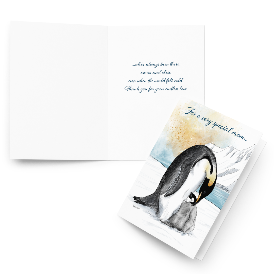 Emperor Penguin Mother's Day Card | Hand-Illustrated Wildlife Art | Tender Animal Mom Greeting Card