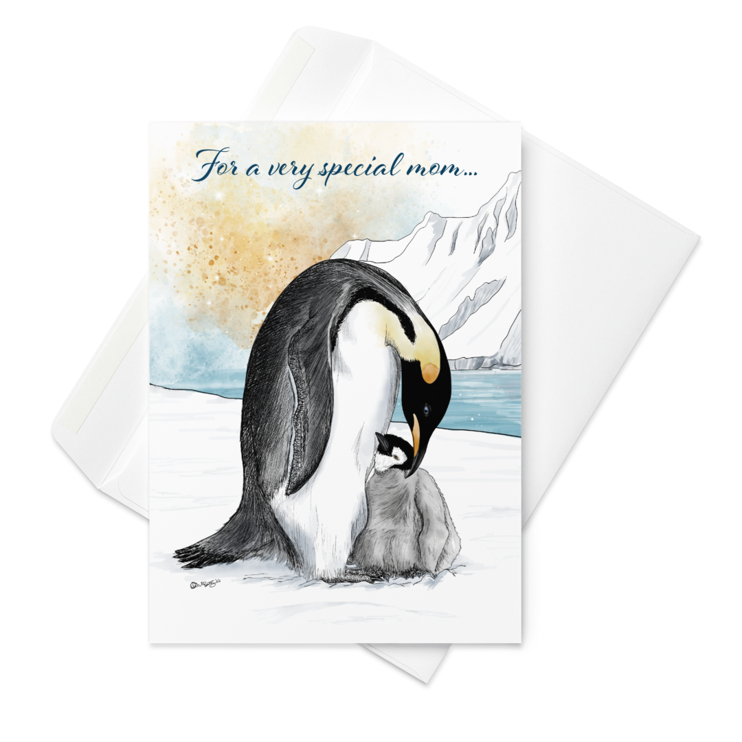 Emperor Penguin Mother's Day Card | Hand-Illustrated Wildlife Art | Tender Animal Mom Greeting Card